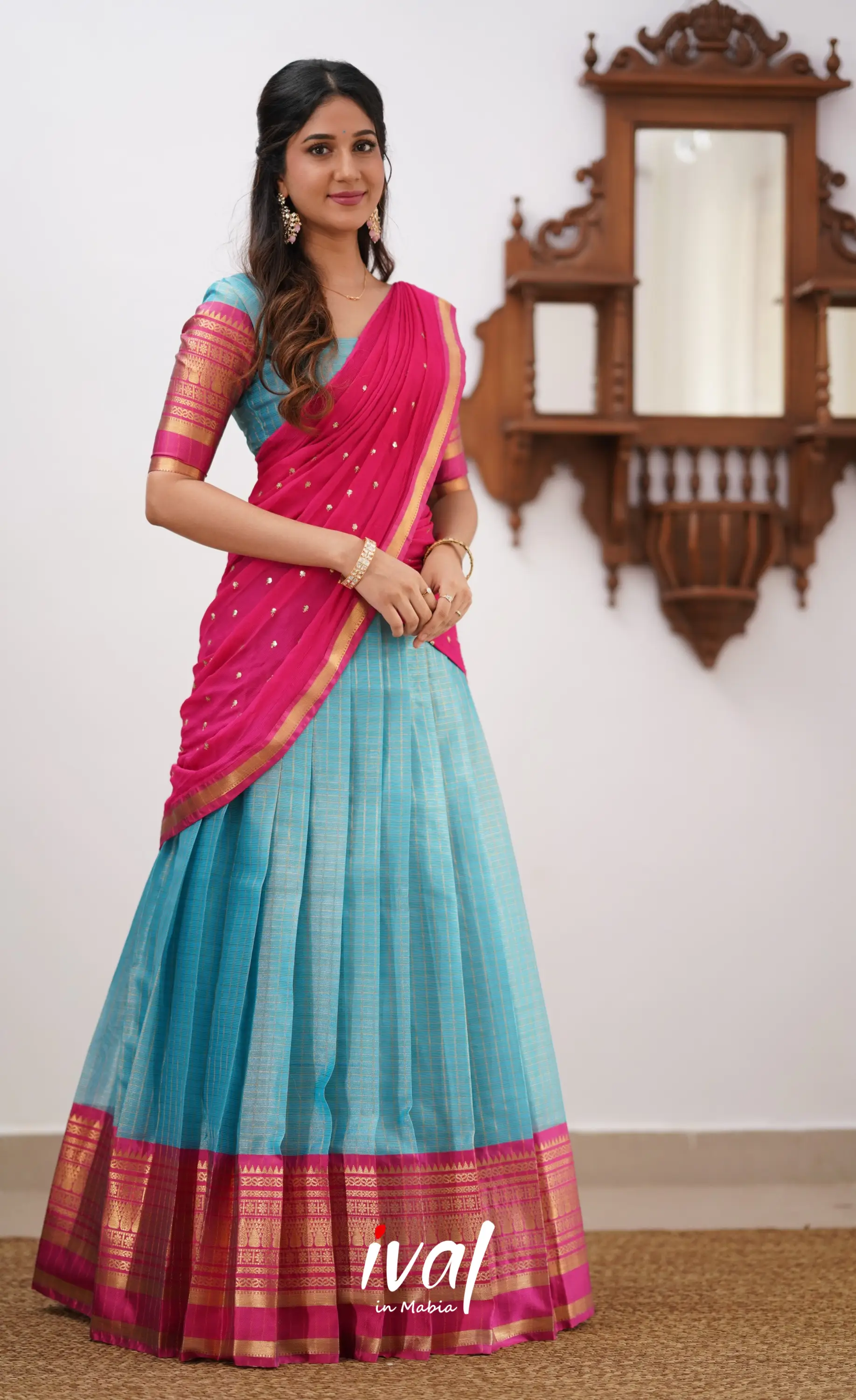 blue and pink combination half sarees