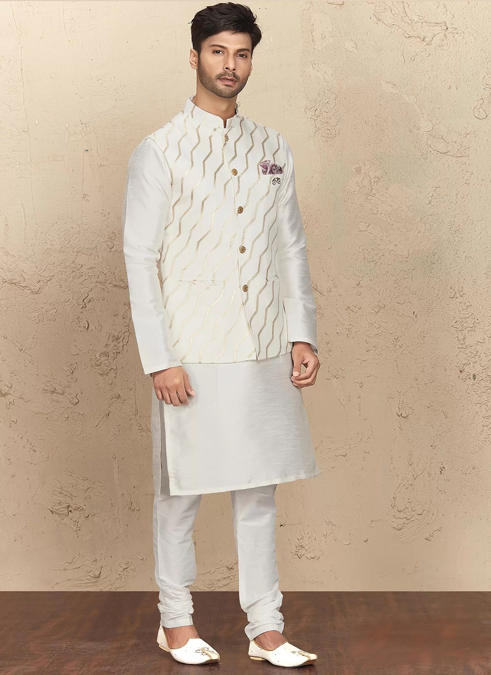 white kurta pajama with jacket