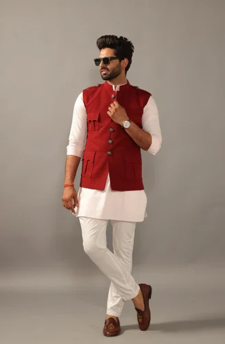 white kurta pajama with maroon jacket